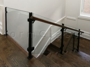 Black Post and Wood Hand Rail, Glass Railings